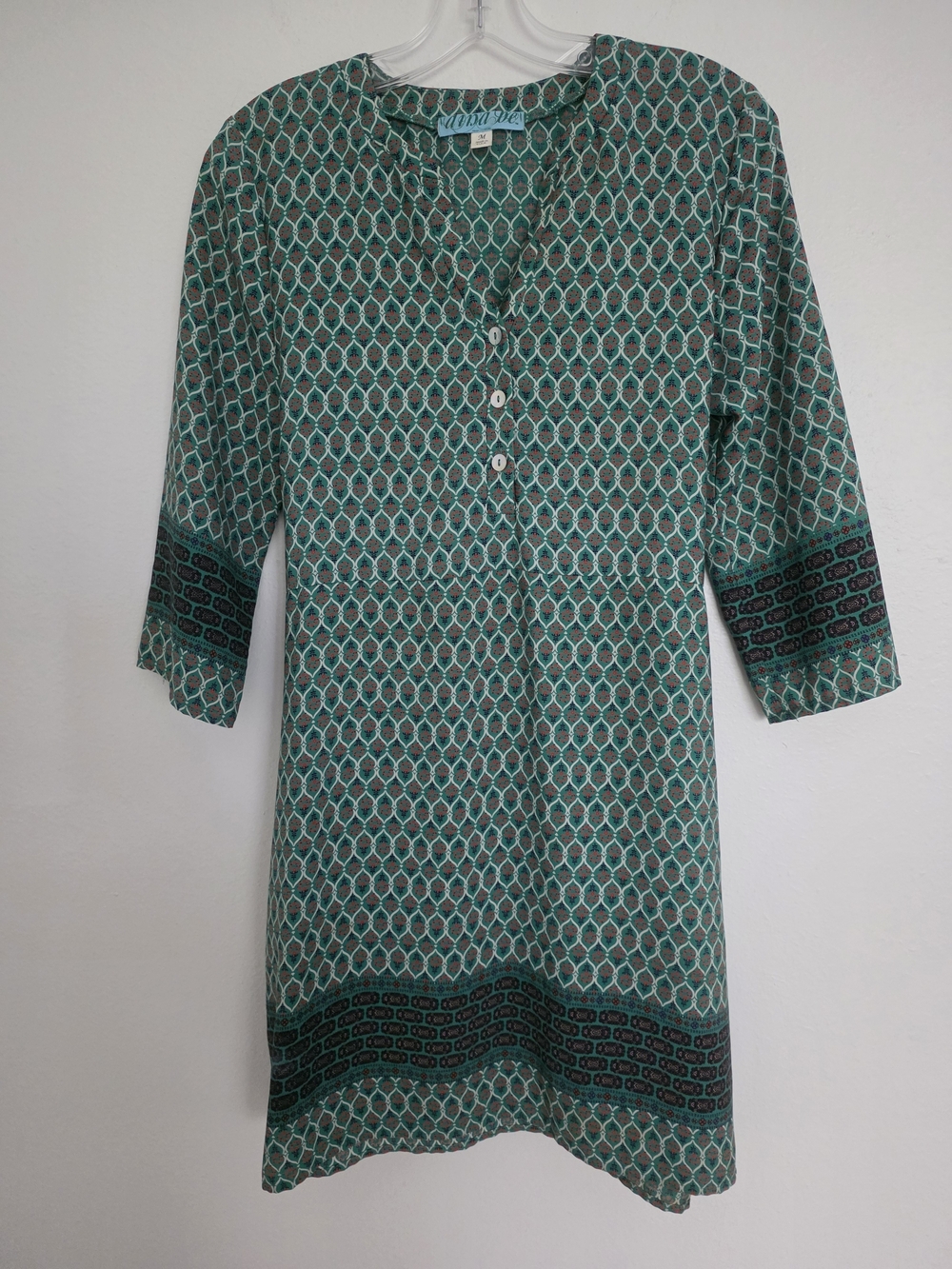 Anna B. Boho Floral Ogee Tunic Dress M Green Border Print 3/4 Sleeve Made in USA